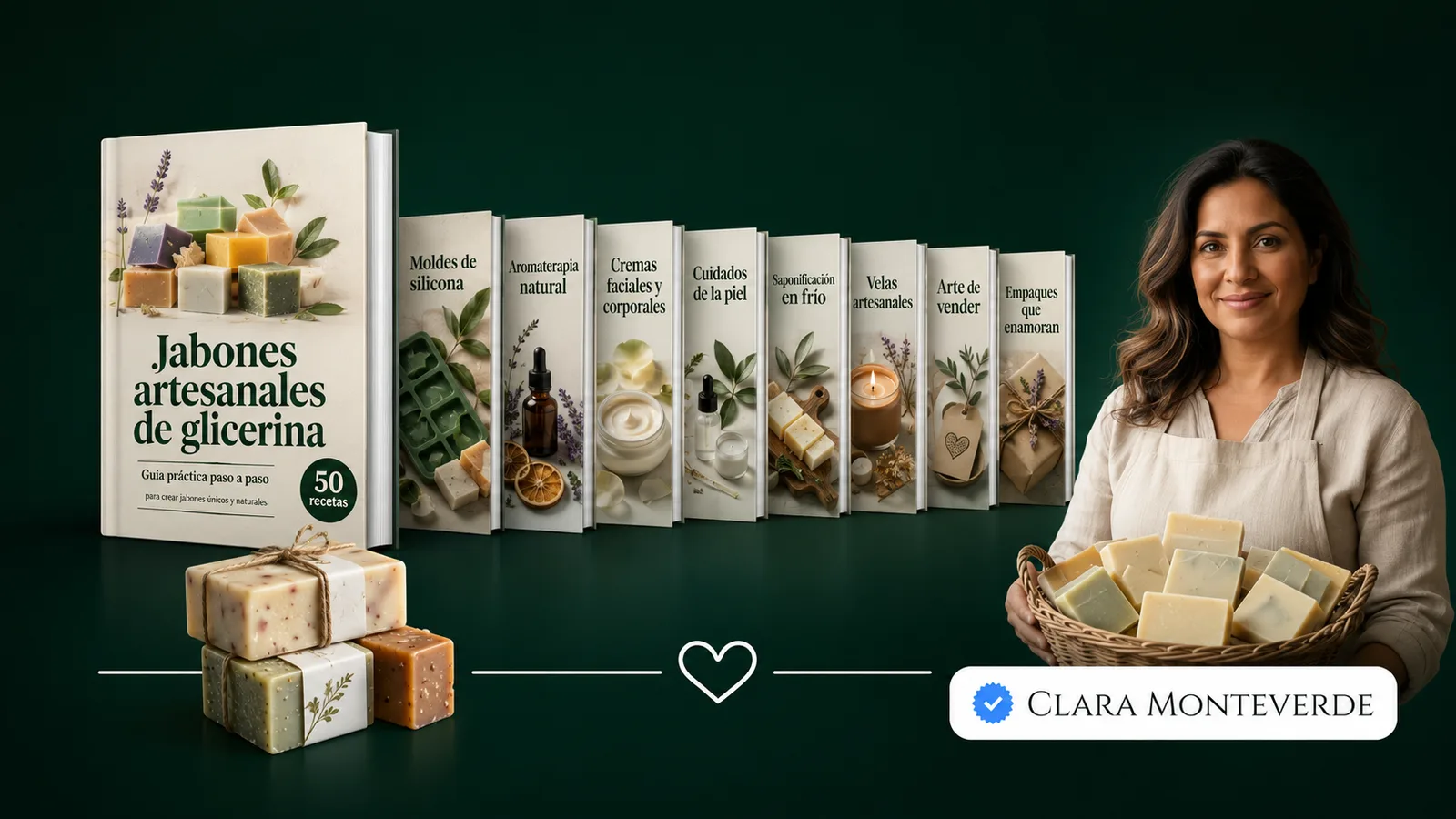 Pack completo: ebook 50 Recetas de Jabones Artesanales de Glicerina, 8 bonos digitales y Clara Monteverde sosteniendo jabones artesanales