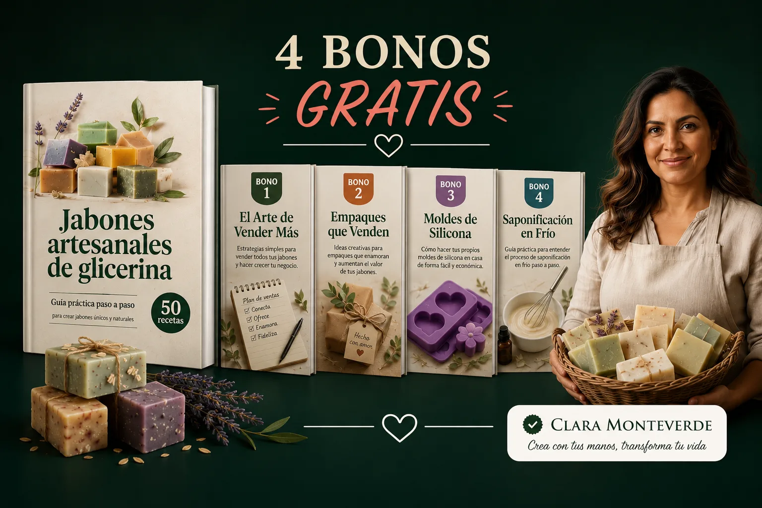 Pack completo: ebook 70 Recetas de Jabones Artesanales de Glicerina, 4 bonos digitales y Clara Monteverde sosteniendo jabones artesanales
